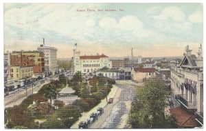 Color postcard of Alamo Plaza, c. 1911