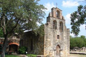 Front (east) and south facade of Mission Espada church.