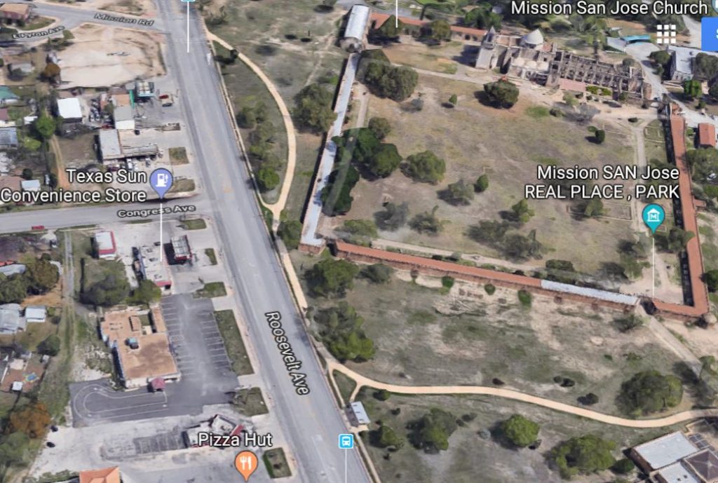 Google aerial view of Roosevelt Ave, looking north, showing commercial development across from Mission San Jose
