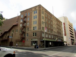 The exterior of the Aztec Theater on the corner of Crockett and N. St. Mary's Street.