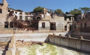 Photo of ruins of bath house taken after pools in bath house after 1988 fire.